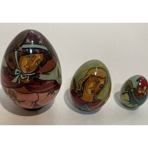 VTG wooden nesting eggs russian Fairy, Elf & Dwarf Rare (3) Signed Sergiev Posad